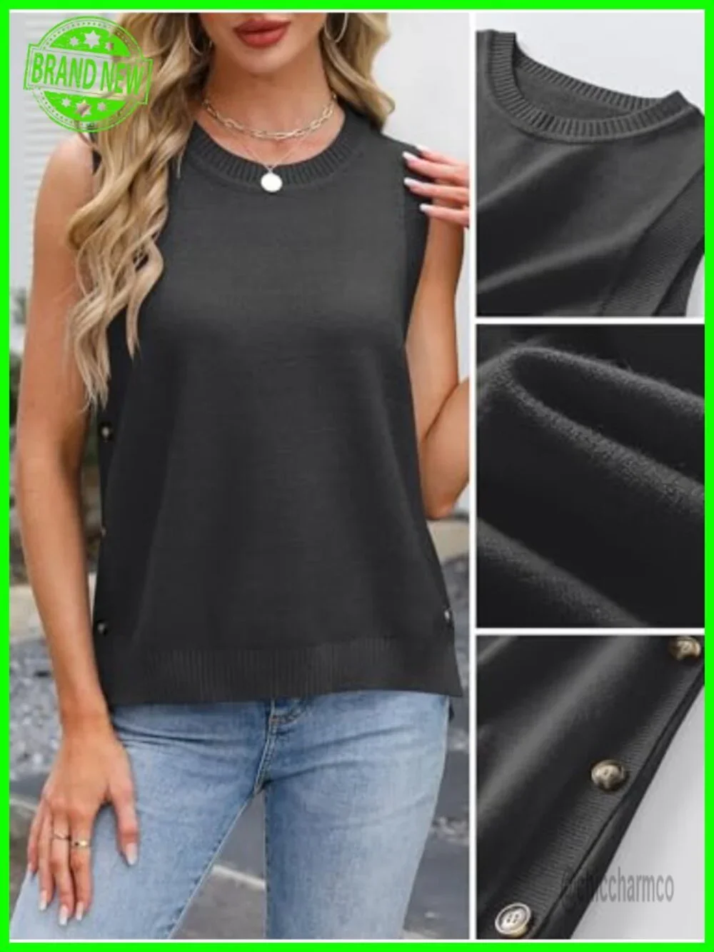 Sleeveless Sweater Vest RIBBED KNIT Side Button Loose Pullover Tank Top